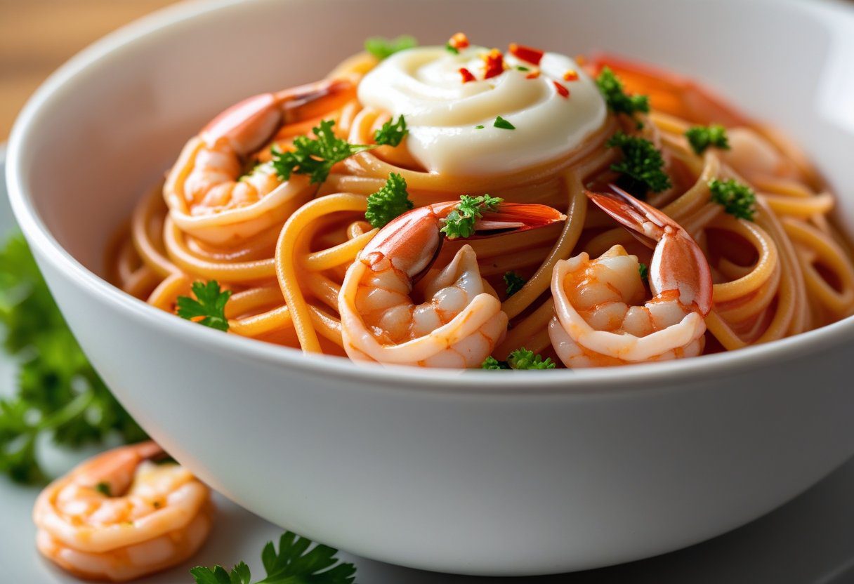 Creamy variation of Tomato Prawn Pasta Prawn Arrabbiata Recipe with swirl of cream, fresh parsley, and chili flakes, showing rich and luscious sauce