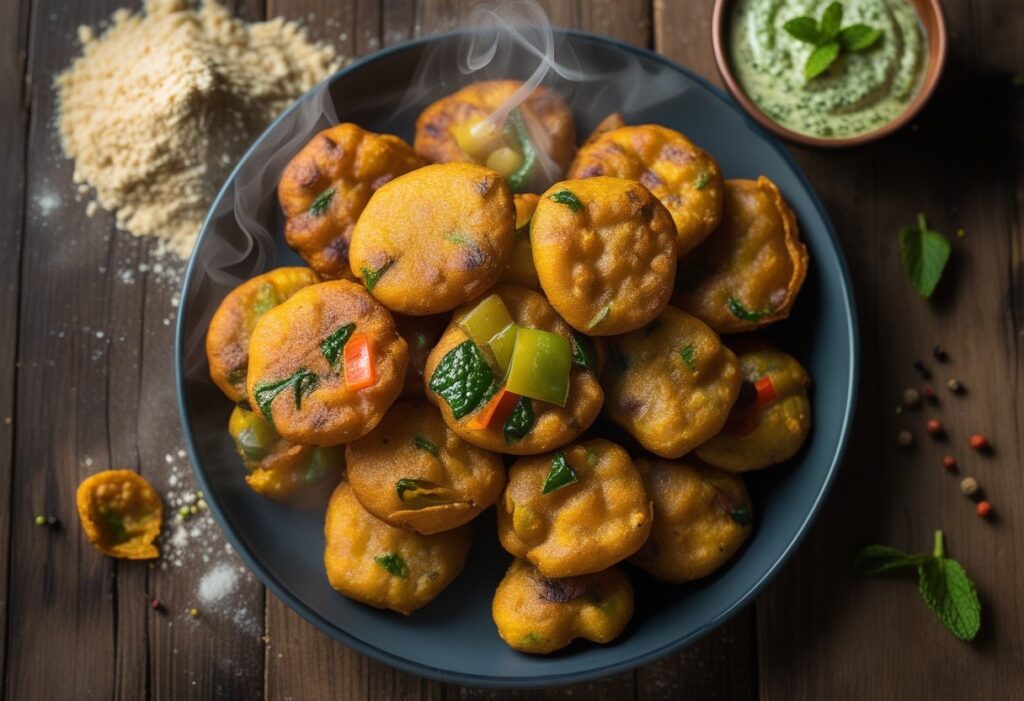 Crispy vegetable bhajis pakora ready to serve, with golden batter, mixed vegetables like onion and potato, and a bowl of mint chutney on a wooden table