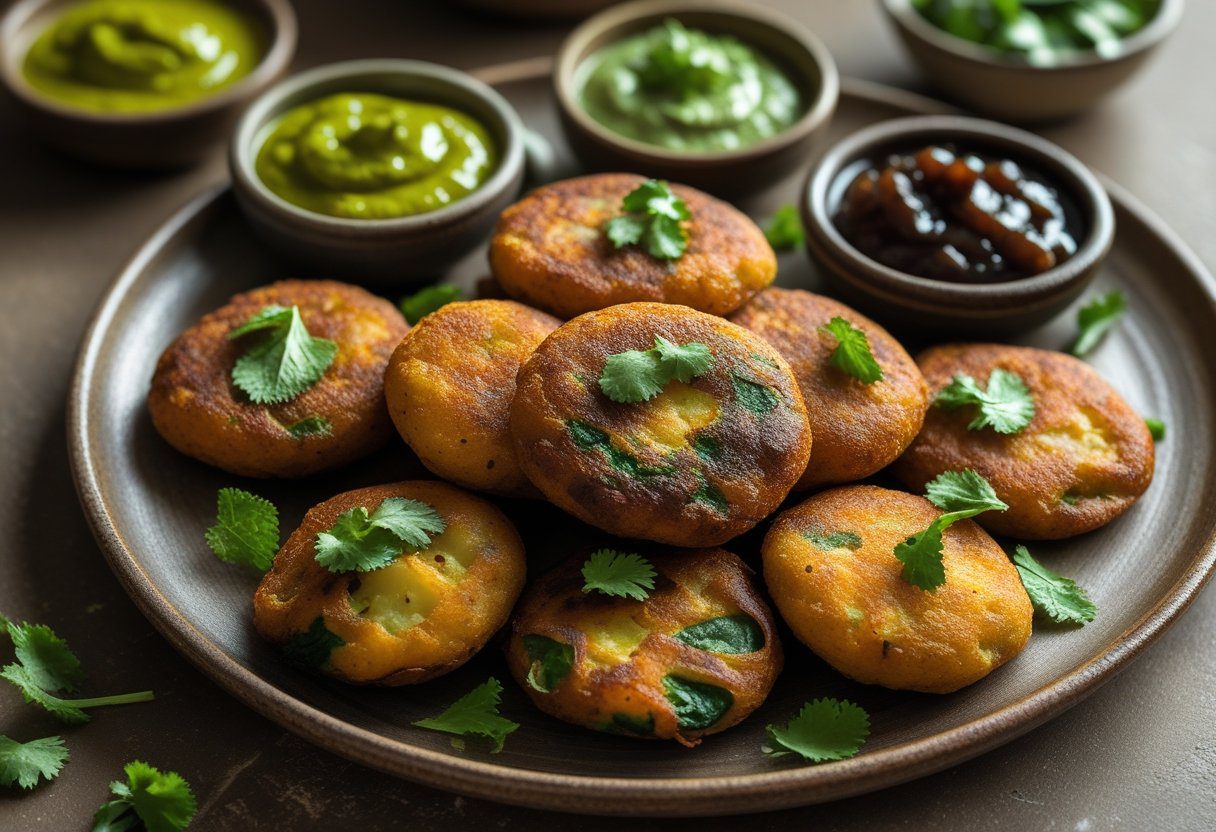 Crispy vegetable bhajis pakora served with mint and tamarind chutney, garnished with coriander leaves.”