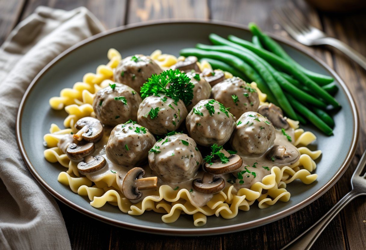 Crock Pot Swedish Meatball Easy Recipe served over egg noodles with creamy mushroom gravy and parsley, family-friendly comfort slow cooker dinner