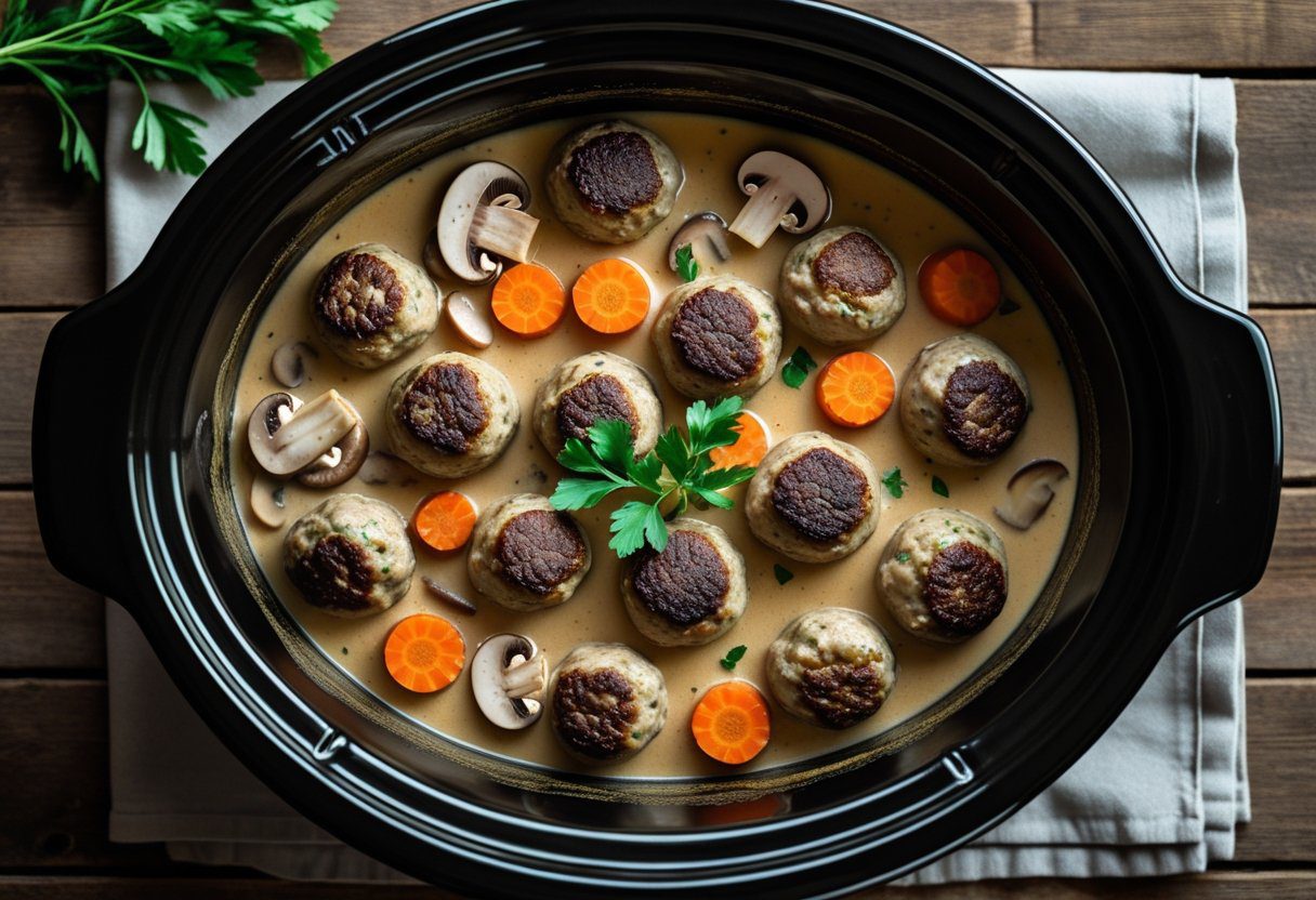 Crock Pot Swedish Meatball Easy Recipe with frozen meatballs and added mushrooms and carrots, creamy slow cooker comfort food dinne