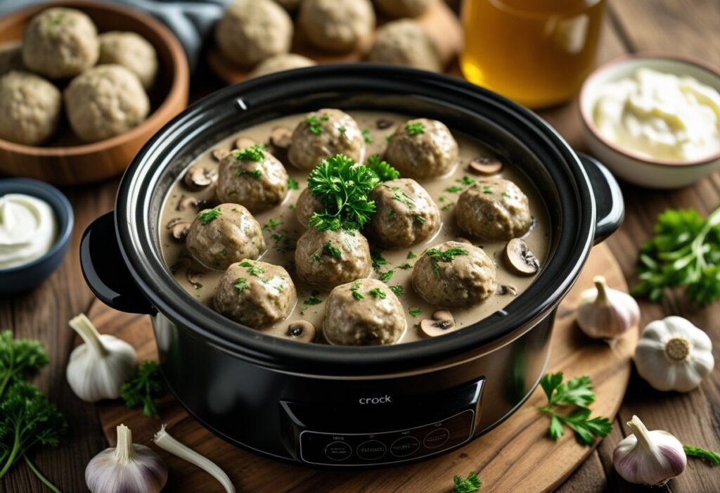 Crock Pot Swedish Meatball Easy Recipe with frozen meatballs in creamy mushroom gravy, garnished with parsley, ready to serve over egg noodles, comforting slow cooker dinner