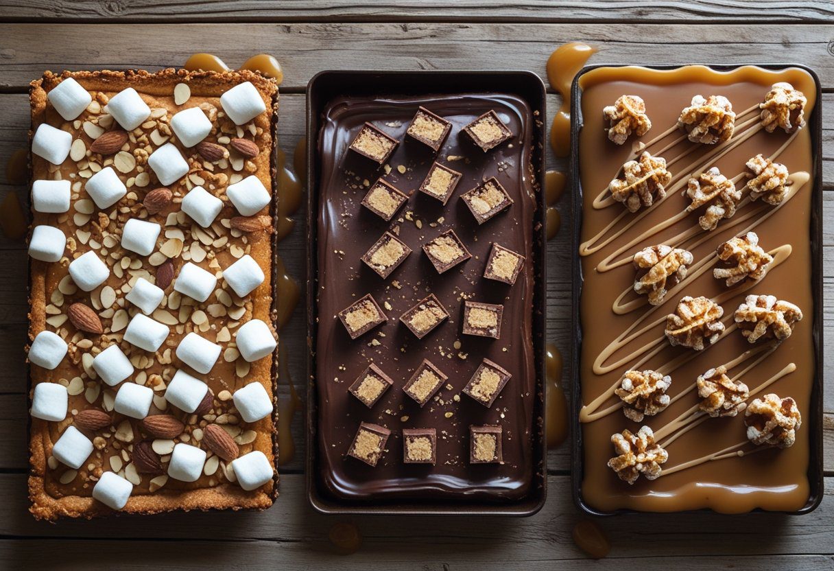Different variations of Mars Bar Cake Chocolate Tray Bake including marshmallows, nuts, dark chocolate, and salted caramel drizzle for easy dessert ideas.