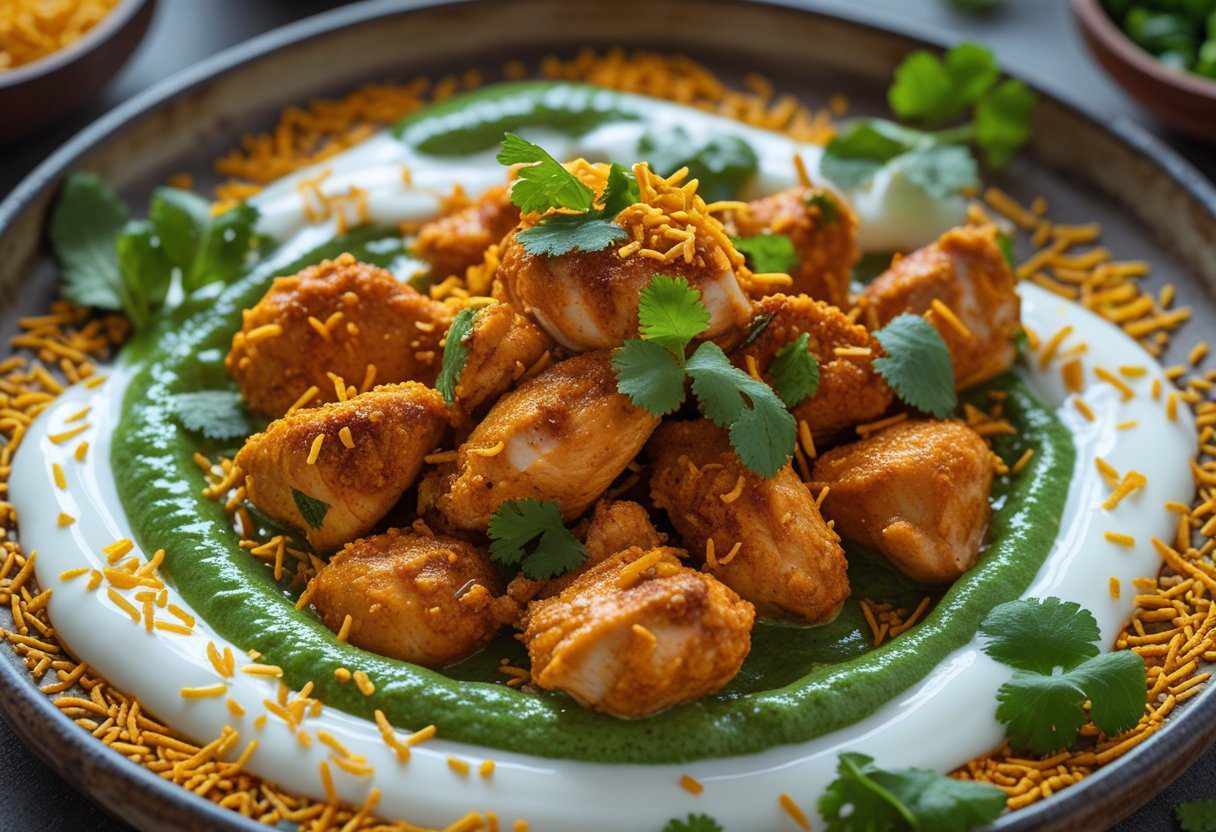 Easy Chicken Chaat Takeaway Recipe showing spiced shredded chicken, creamy yogurt, bright mint chutney, golden sev, and fresh coriander, capturing crunchy and tangy textures for authentic takeaway taste.