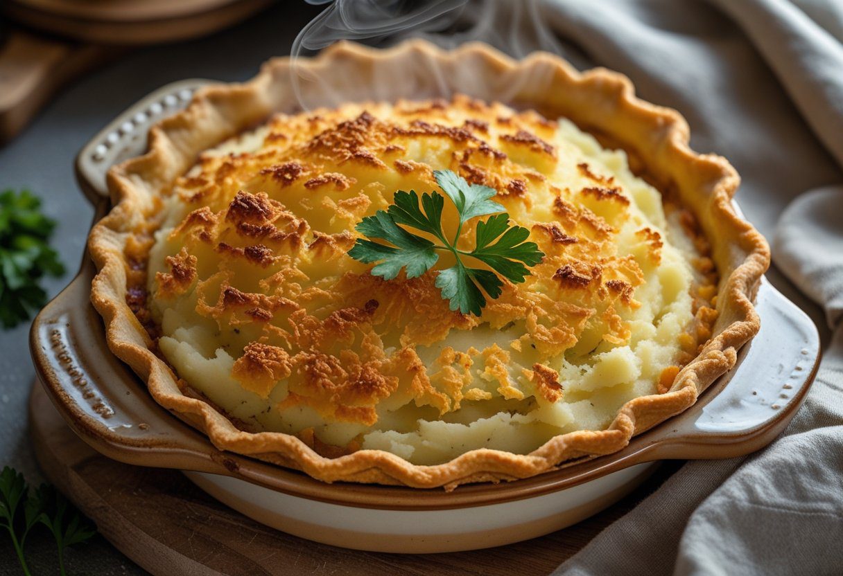 Easy Highland Pie Recipe by Mary Berry with golden mashed potato topping, rich minced beef and vegetable filling, served in rustic dish for family dinner