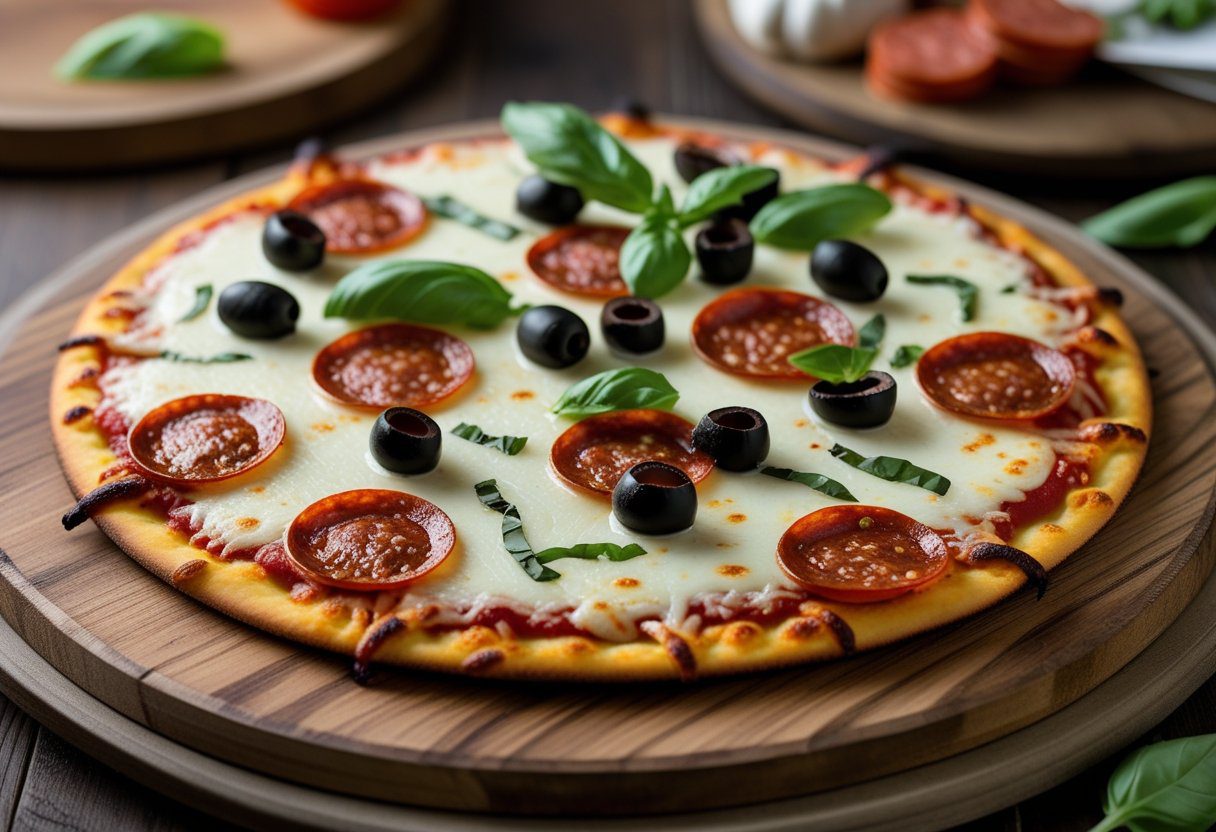 Easy Keto Pizza Crust Recipe with Cottage Cheese topped with melted mozzarella, pepperoni, olives, and basil, golden crispy low-carb pizza on a wooden board