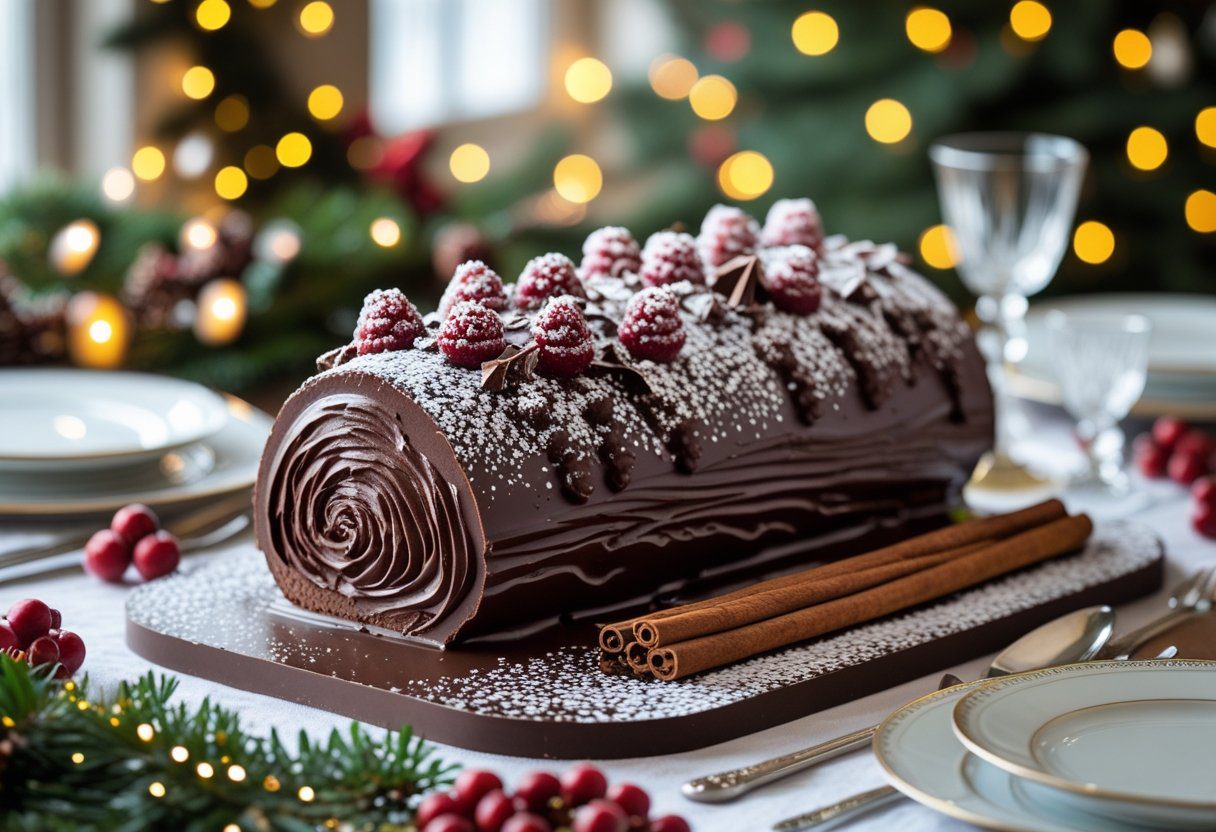 Easy Mary Berry Chocolate Yule Log recipe Pinterest pin showing rolled chocolate sponge with buttercream swirl, berries, and festive decorations.