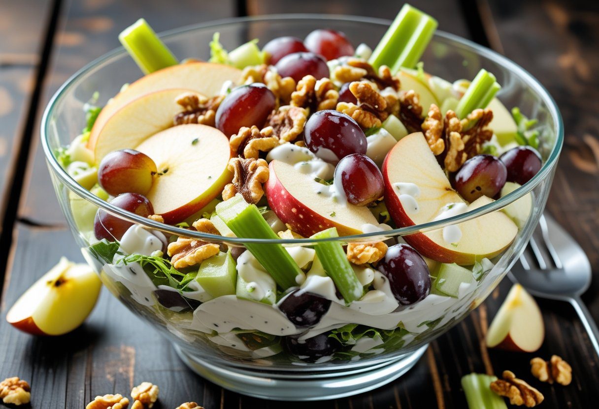 Easy Mary Berry Waldorf Salad with crisp apples, celery, grapes, and toasted walnuts in creamy Greek yogurt dressing, fresh, crunchy, and healthy fruit and nut salad.