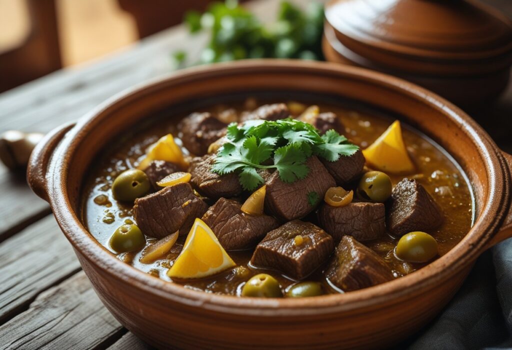 Easy beef tagine Moroccan stew served in a traditional clay tagine with tender slow-cooked beef, onions, olives, preserved lemon, and authentic Moroccan spices