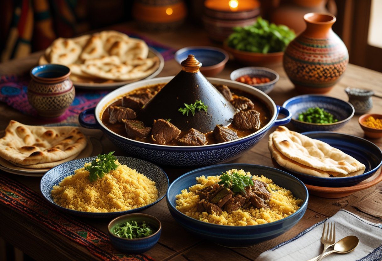 Easy beef tagine Moroccan stew served with couscous and traditional bread for an authentic meal