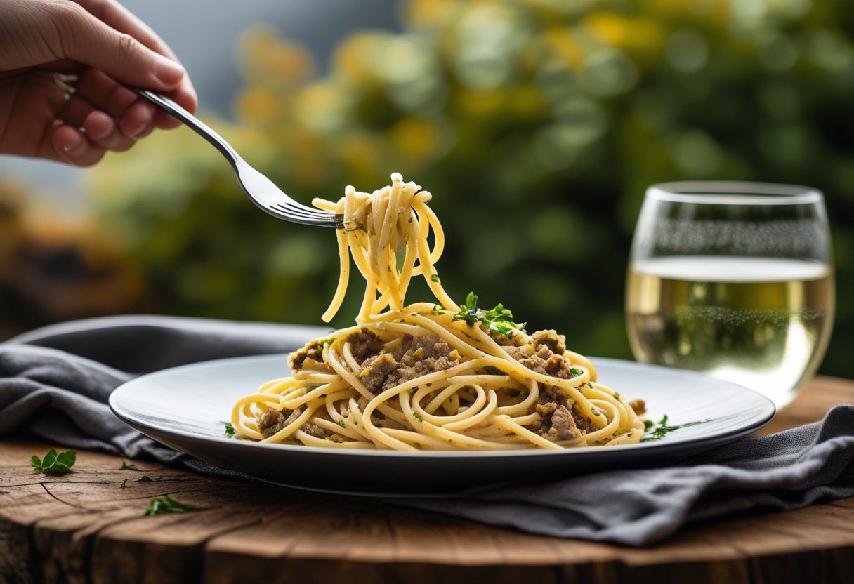 Easy haggis pasta served with creamy whisky sauce on rustic wooden table, fork twirling penne, highlighting hearty Scottish comfort food for dinner.