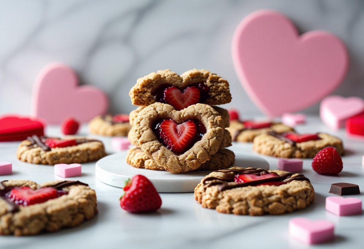 Easy healthy Valentine Day cookies recipes featuring heart-shaped oat and almond flour cookies with strawberry jam centers and dark chocolate drizzle on a marble background