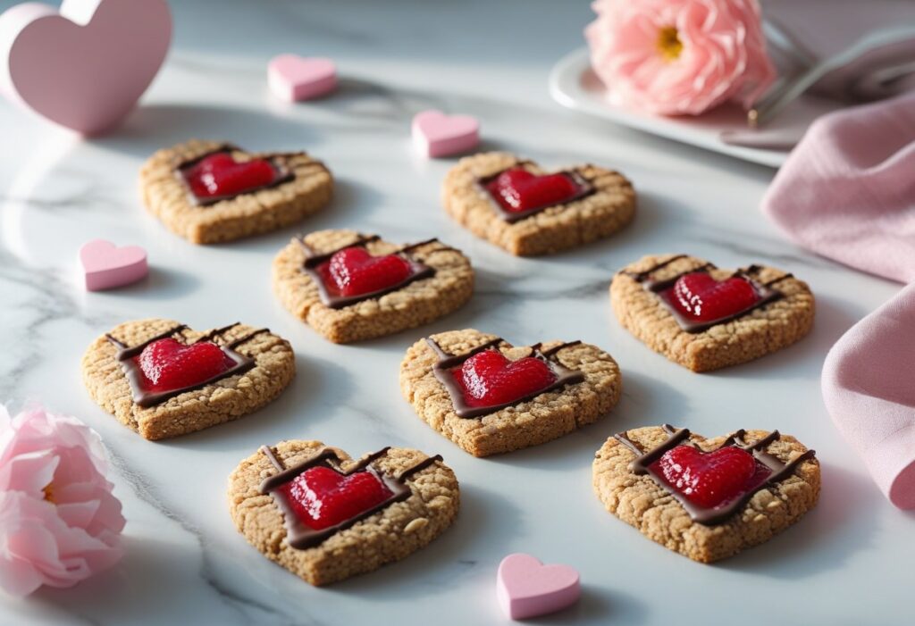 Easy healthy Valentine Day cookies recipes with heart-shaped oat and almond flour cookies, strawberry jam centers, and dark chocolate drizzle arranged on a marble surface