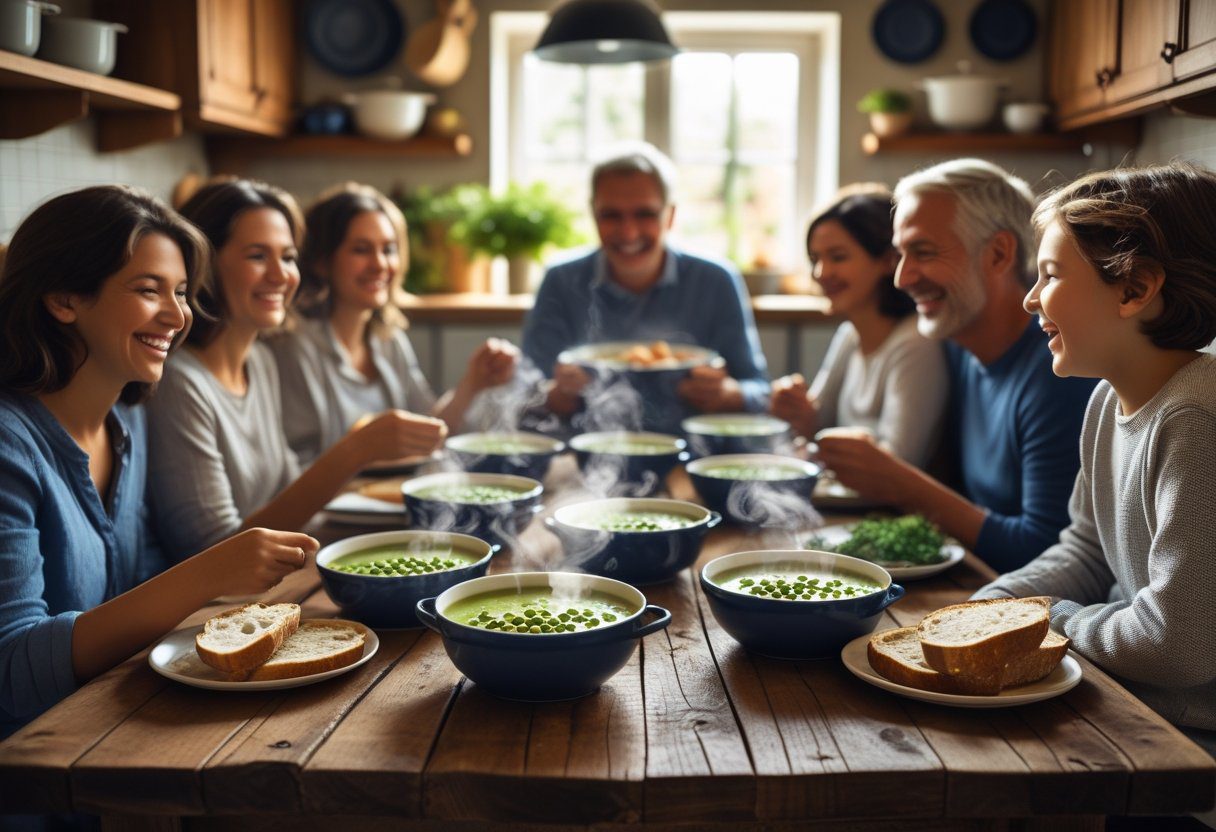 Family enjoying ultimate pea and ham hough soup recipe – creamy split pea soup with smoked ham, crusty bread, cozy home dining, perfect comfort mea