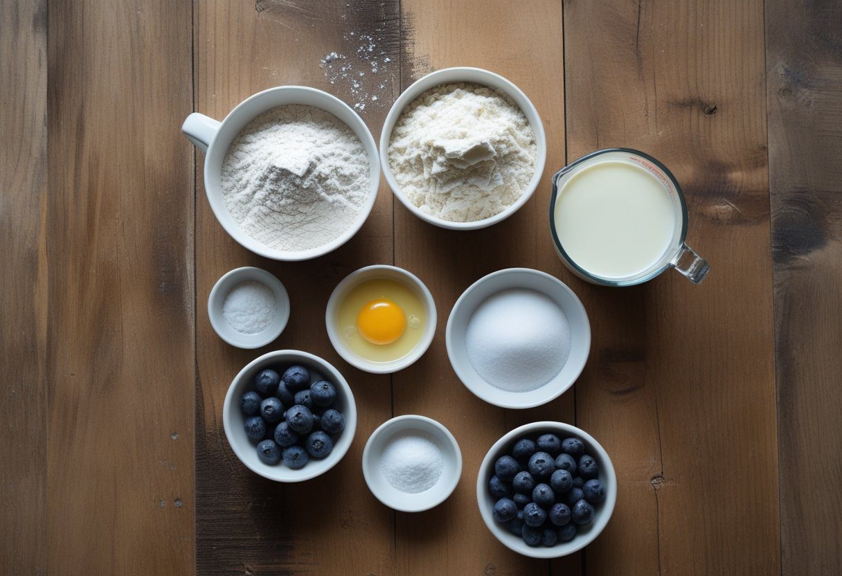 Flat lay of ingredients for self-raising flour pancakes including flour, milk, egg, butter, sugar, and fresh blueberries, ready for a foolproof pancake recipe