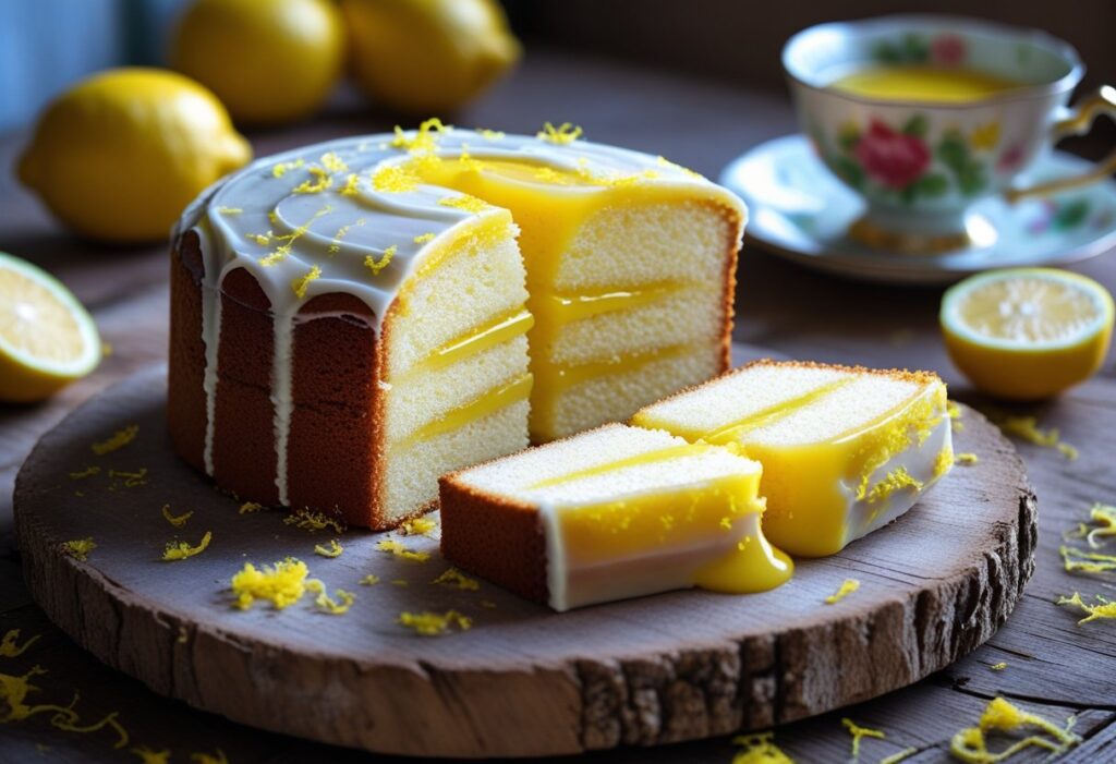 Fresh Mary Berry Lemon Curd Cake sliced to show moist lemon sponge and swirled homemade lemon curd, served with fresh lemons for a bright citrus dessert.