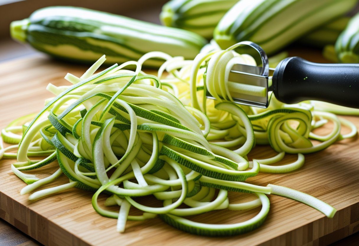Fresh courgettes sliced into thin ribbons on a cutting board, prepared for 3 ingredient pickled courgette recipe.