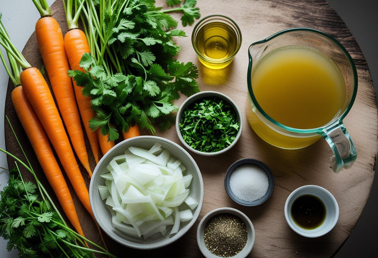 Fresh ingredients for lazy carrot and coriander soup – carrots, coriander, onion, vegetable broth, and olive oil ready for a healthy and quick 10‑minute recipe.