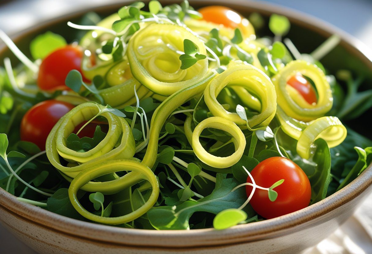 Fresh salad garnished with tangy pickled courgette ribbons from a 3 ingredient pickling recipe, adding crunch and flavor