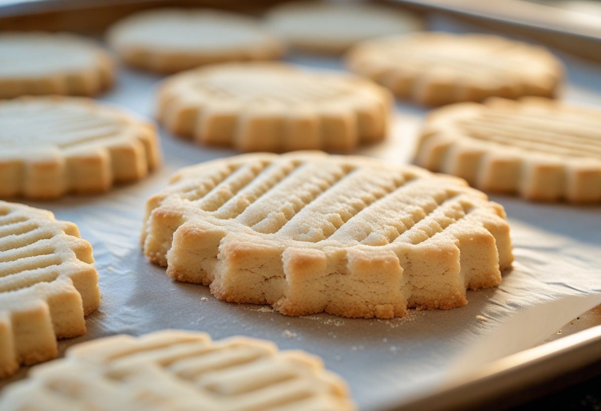Freshly baked Mary Berry 3 ingredient cookies cooling on a baking tray with classic fork biscuit pattern