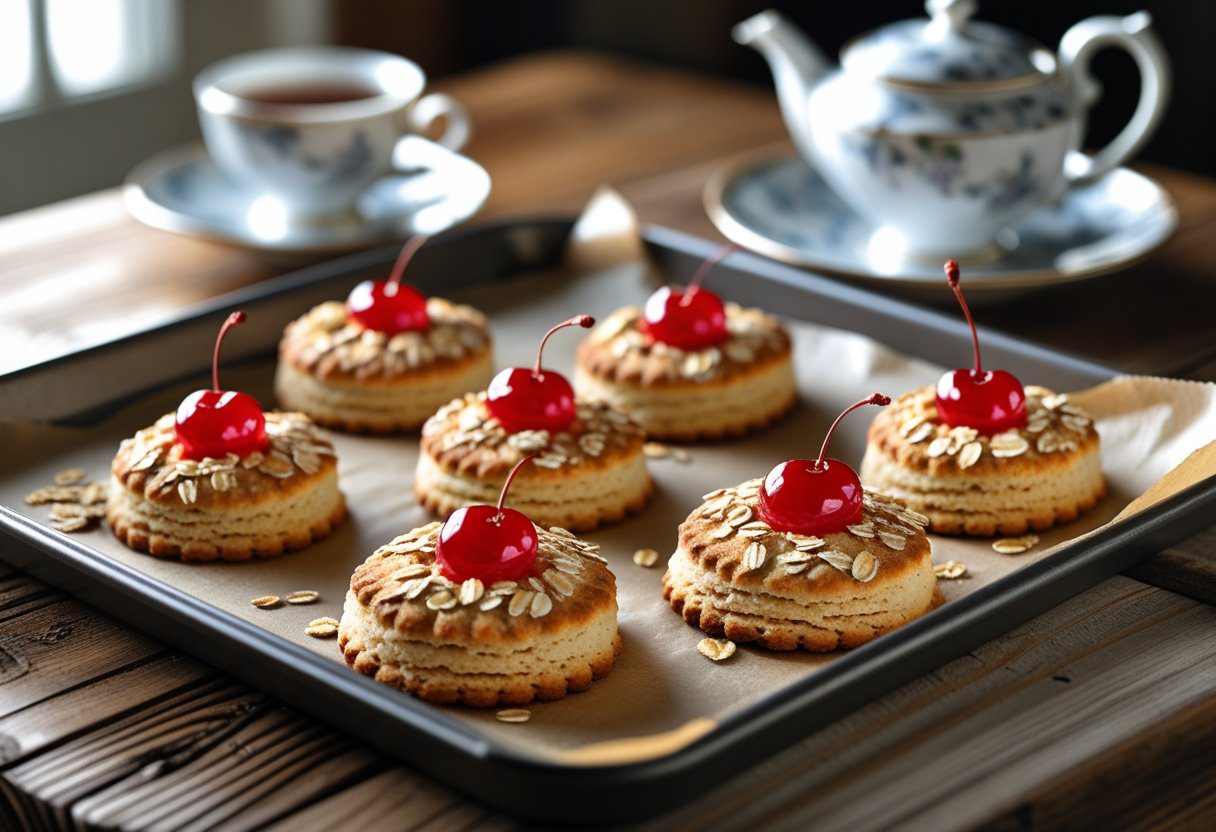 Freshly baked Mary Berry Melting Moments easy recipe biscuits, golden soft buttery cookies with oats and glacé cherry, perfect for teatime and melt-in-mouth texture