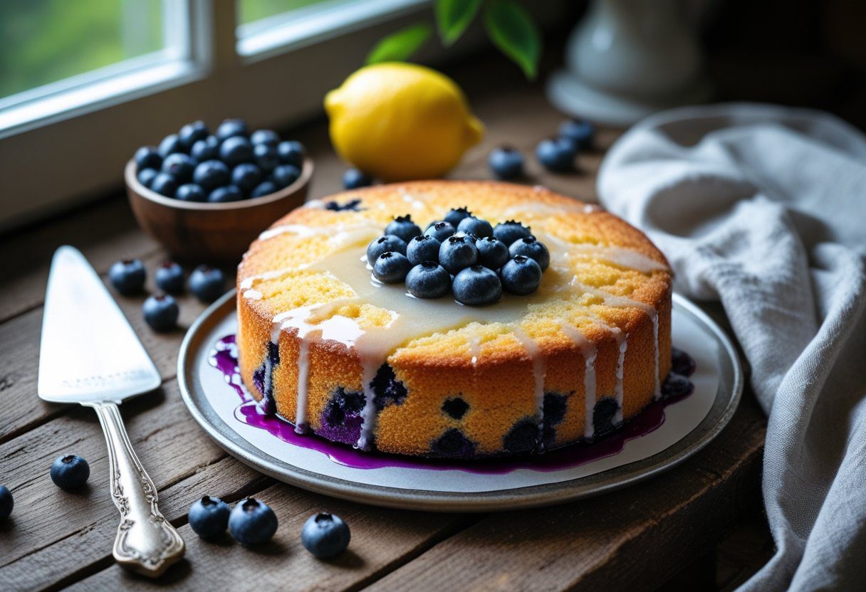 Freshly baked Mary Berry lemon blueberry cake with golden crust, juicy blueberries, and light lemon glaze on a rustic wooden table, styled with fresh lemons and blueberries.