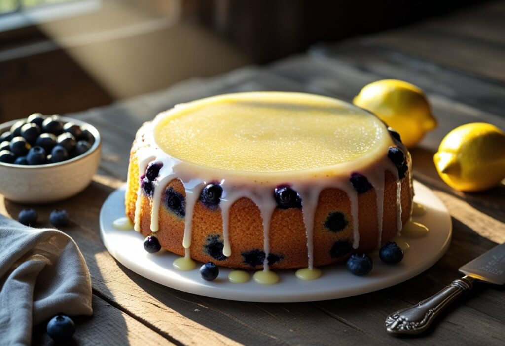 Freshly baked Mary Berry lemon blueberry cake with golden crust, juicy blueberries, and light lemon glaze on a rustic wooden table, styled with fresh lemons and blueberries
