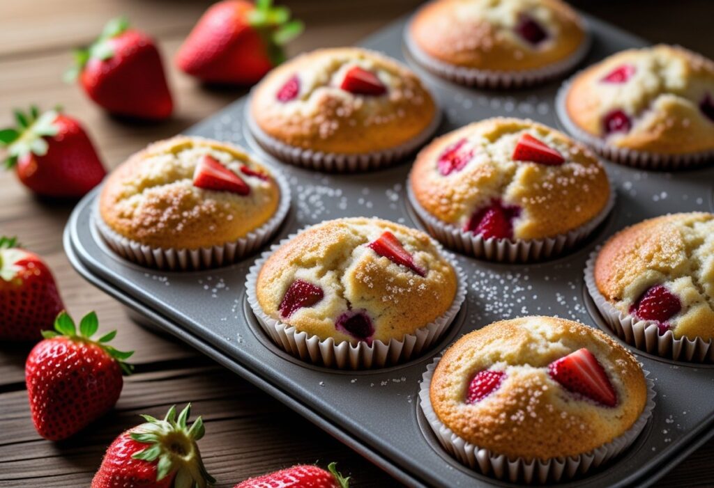 Freshly baked Mary Berry strawberry muffins in a muffin tin with golden tops and juicy strawberry pieces, styled on a rustic wooden table for breakfast or brunch