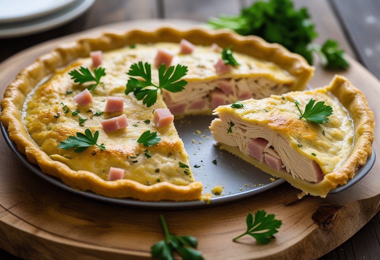 Gluten-free chicken and ham pie with creamy filling on wooden board, garnished with parsley – low-carb savory comfort recipe.