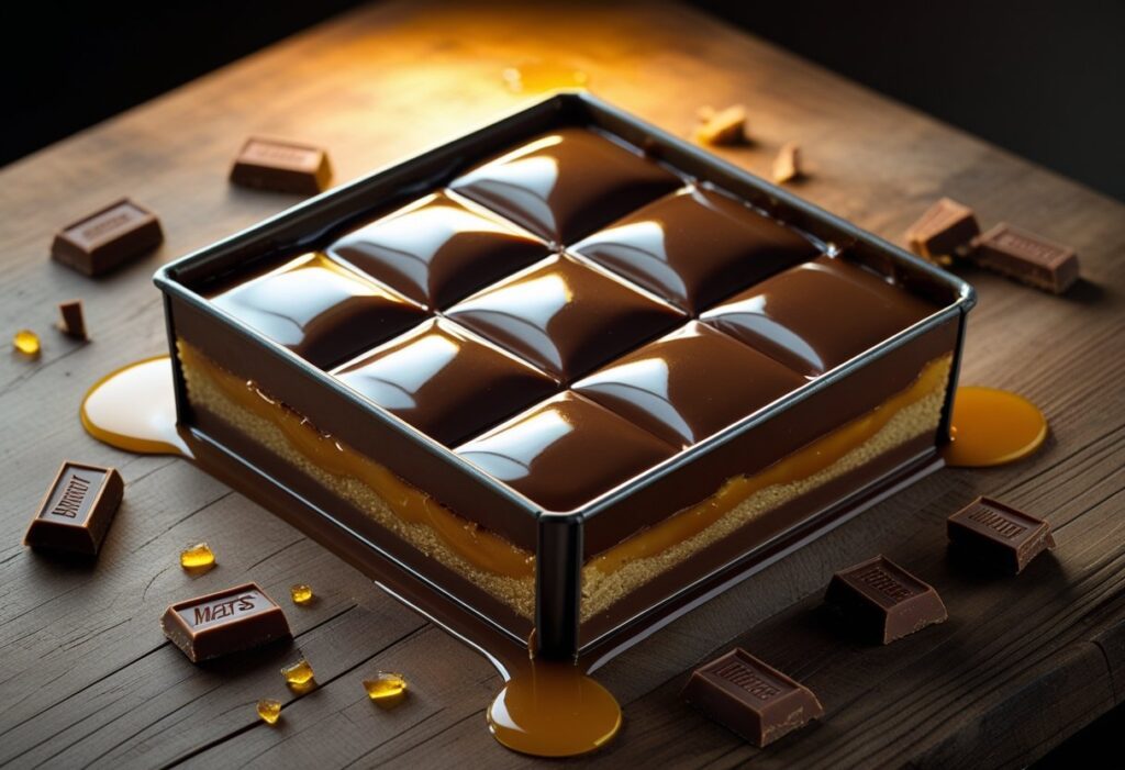 Gooey Mars Bar Cake Chocolate Tray Bake cut into squares with rich chocolate topping and caramel layers, an easy no-bake delight for dessert lovers