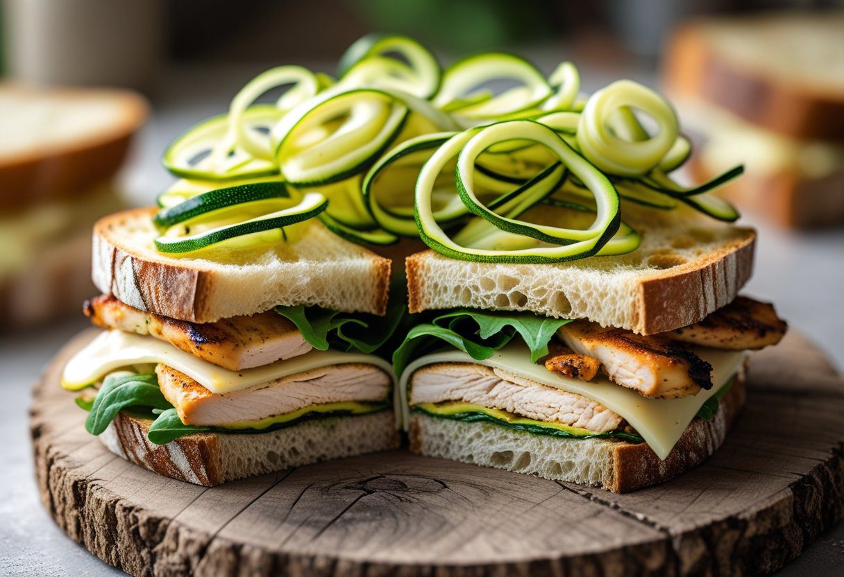 Gourmet sandwich with pickled courgette ribbons from a 3 ingredient recipe, adding a crunchy, tangy element to lunch.