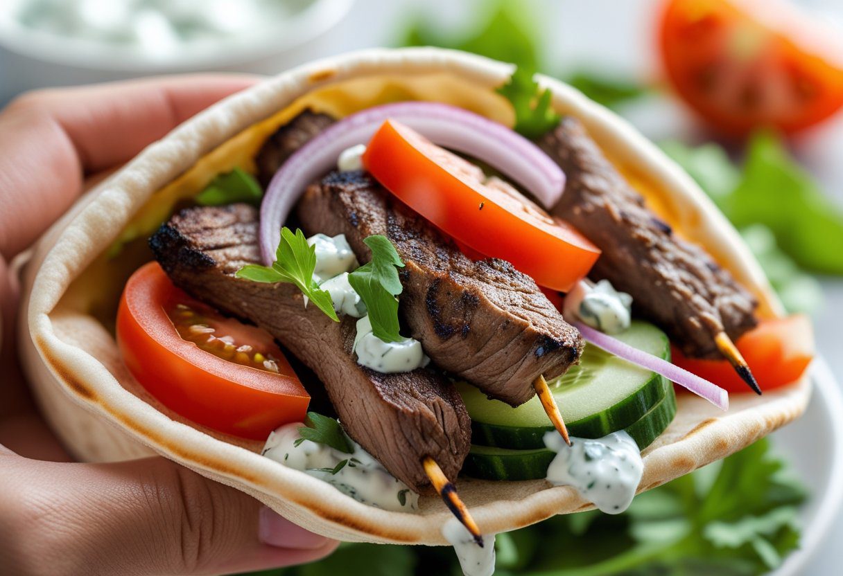 Greek lamb shish kebab wrapped in pita with tzatziki, tomato, and cucumber, quick meal idea
