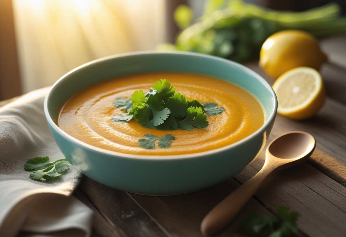 Healthy lazy carrot and coriander soup served in a rustic bowl with fresh coriander and lemon – nutritious and comforting 10‑minute mea