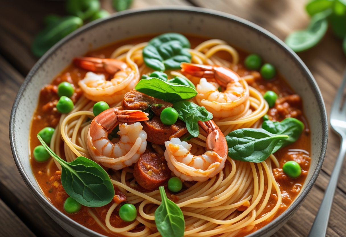 Healthy prawn and chorizo pasta with vegetables like spinach and peas, tomato-based cream-free Mediterranean pasta dish