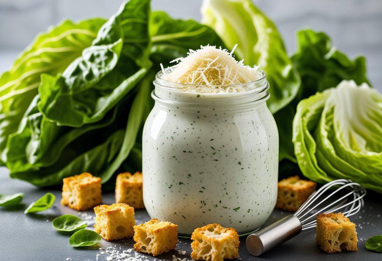 Homemade Mary Berry Easy Caesar Dressing in a glass jar with creamy texture, Parmesan cheese, lemon slices, and fresh Romaine lettuce, perfect for salads.