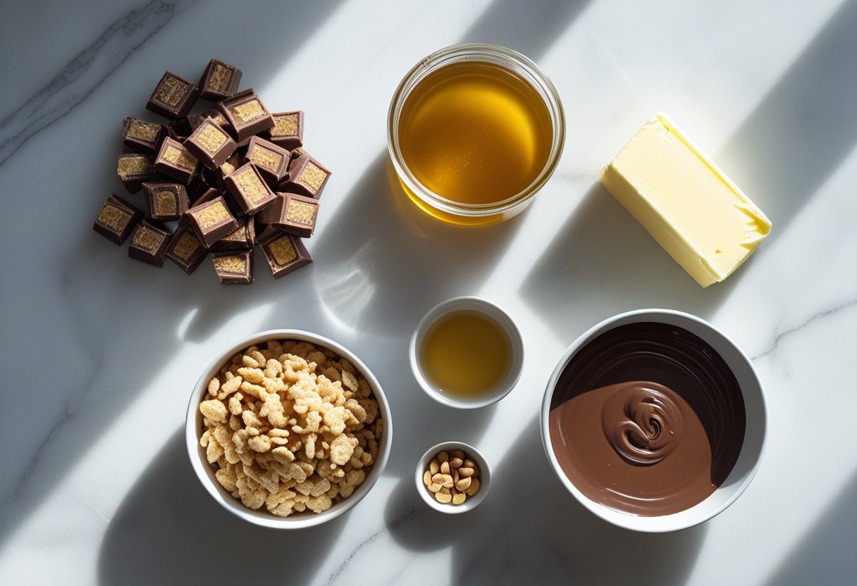 Ingredients for Mars Bar Cake Chocolate Tray Bake including chopped Mars Bars, butter, golden syrup, Rice Krispies, and melted milk chocolate for easy dessert preparation