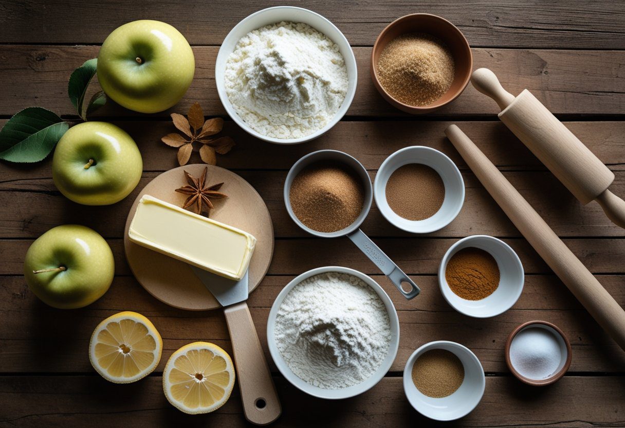 Ingredients for Mary Berry apple pie recipe including Bramley apples, butter, flour, sugar, cinnamon and lemon for classic British dessert