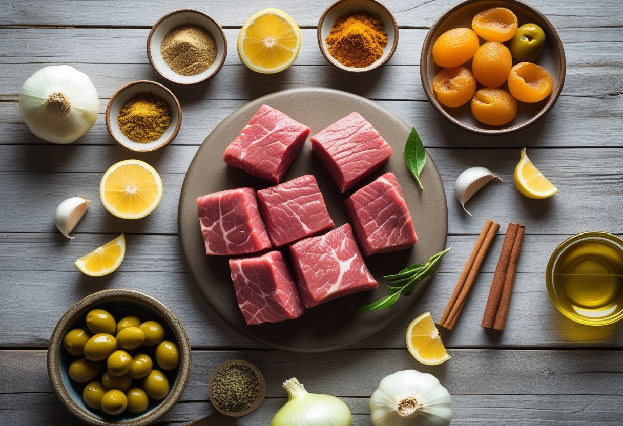 Ingredients for easy beef tagine Moroccan stew including beef chuck, onions, garlic, olive oil, warm Moroccan spices, olives, and preserved lemon