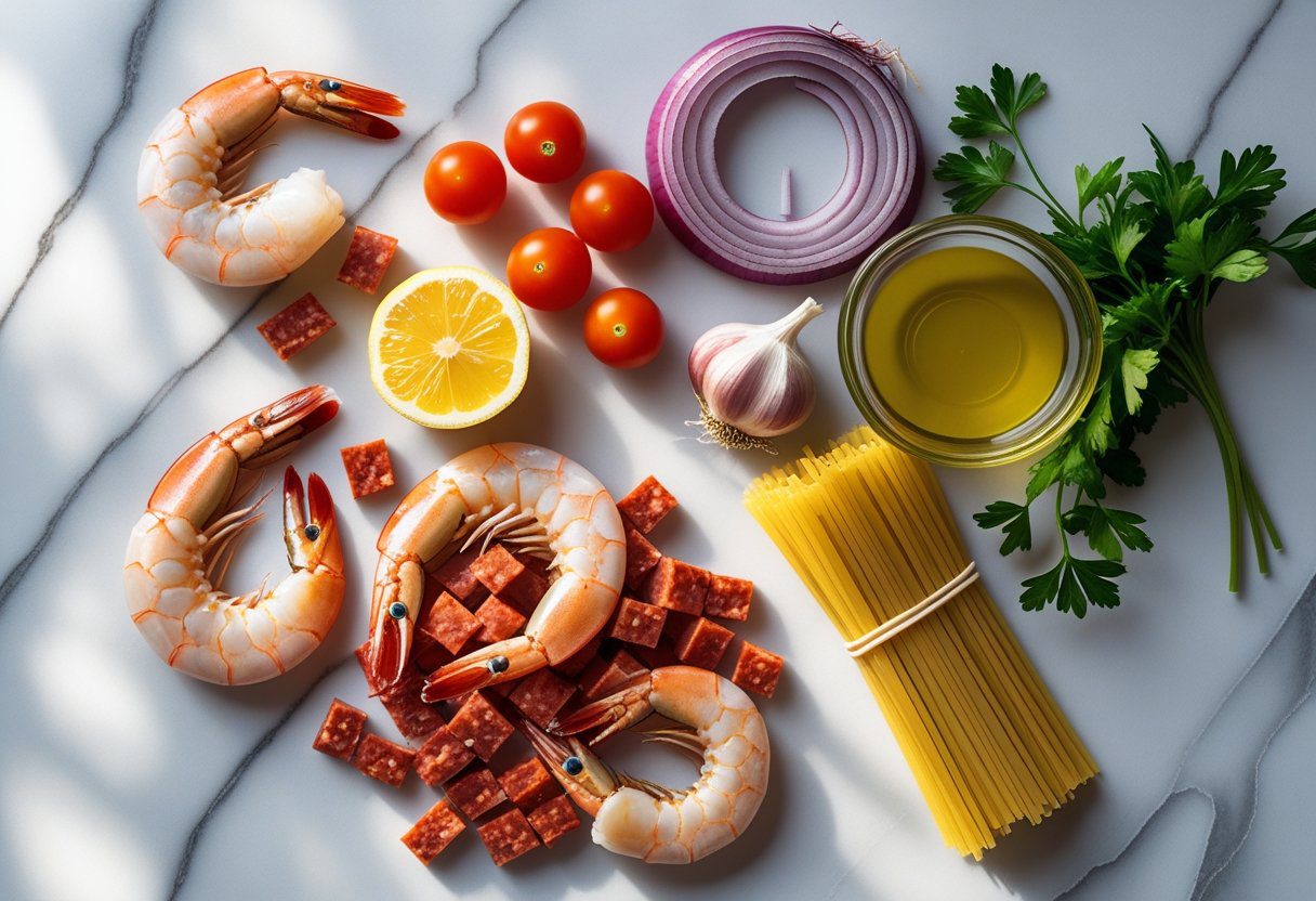 “Ingredients for healthy prawn and chorizo pasta with spaghetti, tomatoes, garlic, onion, olive oil, and parsley for a cream-free Mediterranean recipe