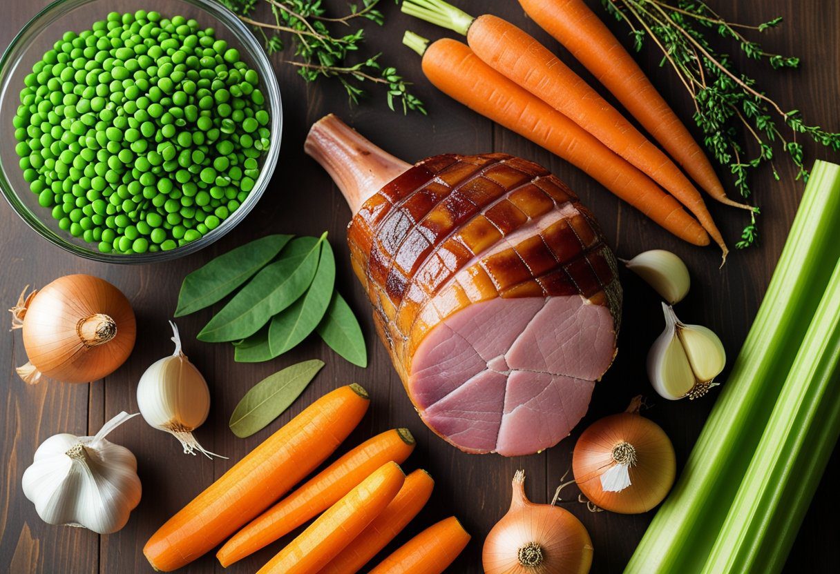 Ingredients for ultimate pea and ham hough soup recipe – green split peas, smoked ham hock, onions, carrots, celery, garlic, bay leaves, and thyme for hearty family soup
