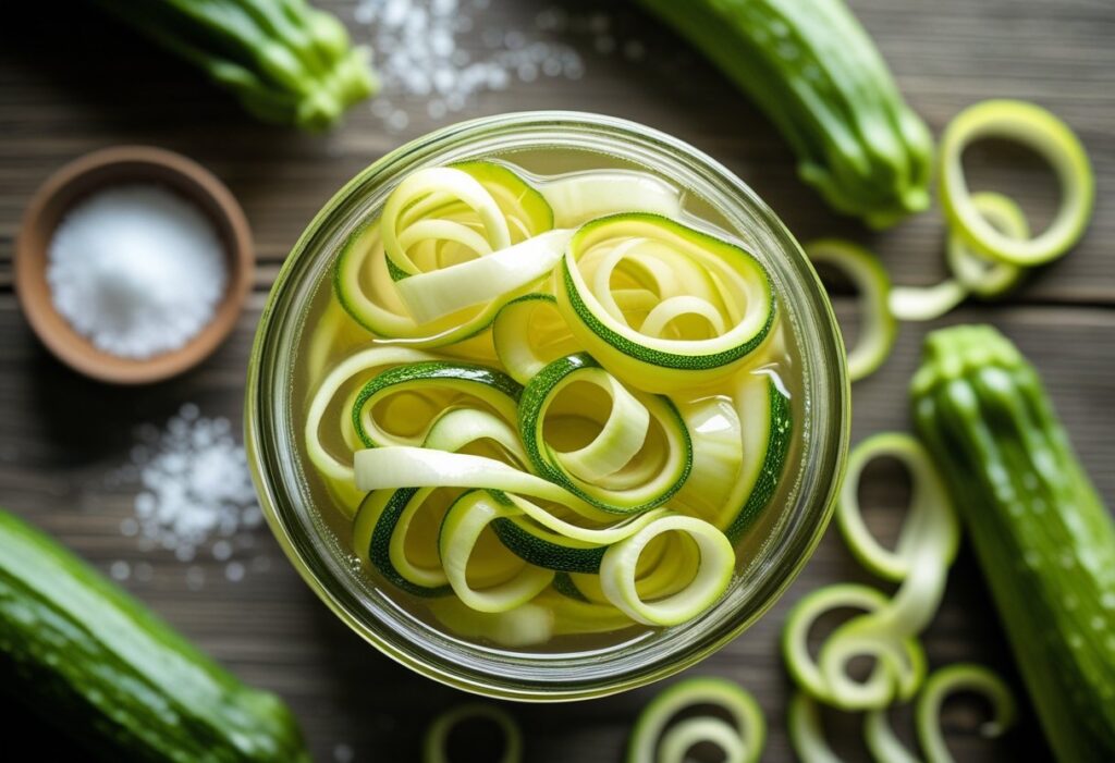 Jar of pickled courgette in 3 ingredient brine with sugar and salt, showing vibrant, crunchy zucchini ribbons ready for salads or sandwiches.