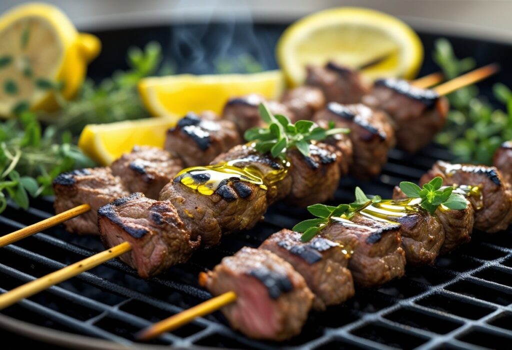 Juicy Greek lamb shish kebabs on a hot grill with lemon wedges and oregano, showcasing a quick Mediterranean meal ready to serve