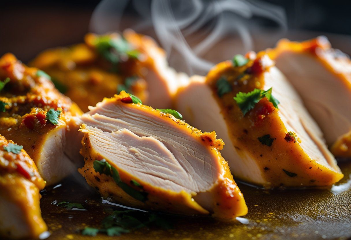 Juicy interior of restaurant style chicken tikka showing tender texture achieved through proper yogurt marinade