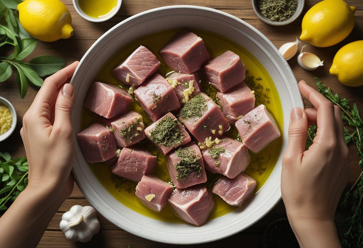 Lamb cubes marinating in olive oil, lemon, garlic, and oregano for Greek lamb shish kebab recipe quick meal