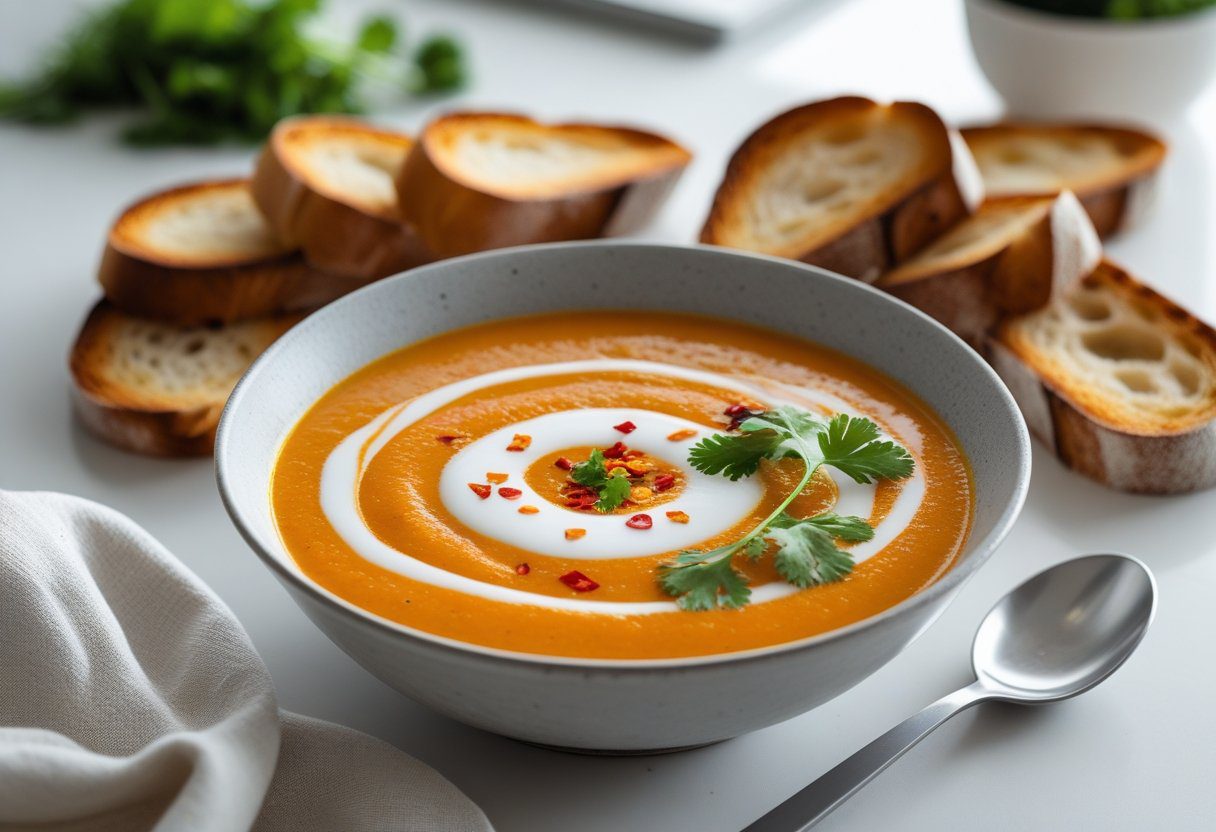 Lazy carrot and coriander soup with coconut milk swirl, chili flakes, and fresh coriander – quick, healthy, and flavorful 10‑minute comfort soup.