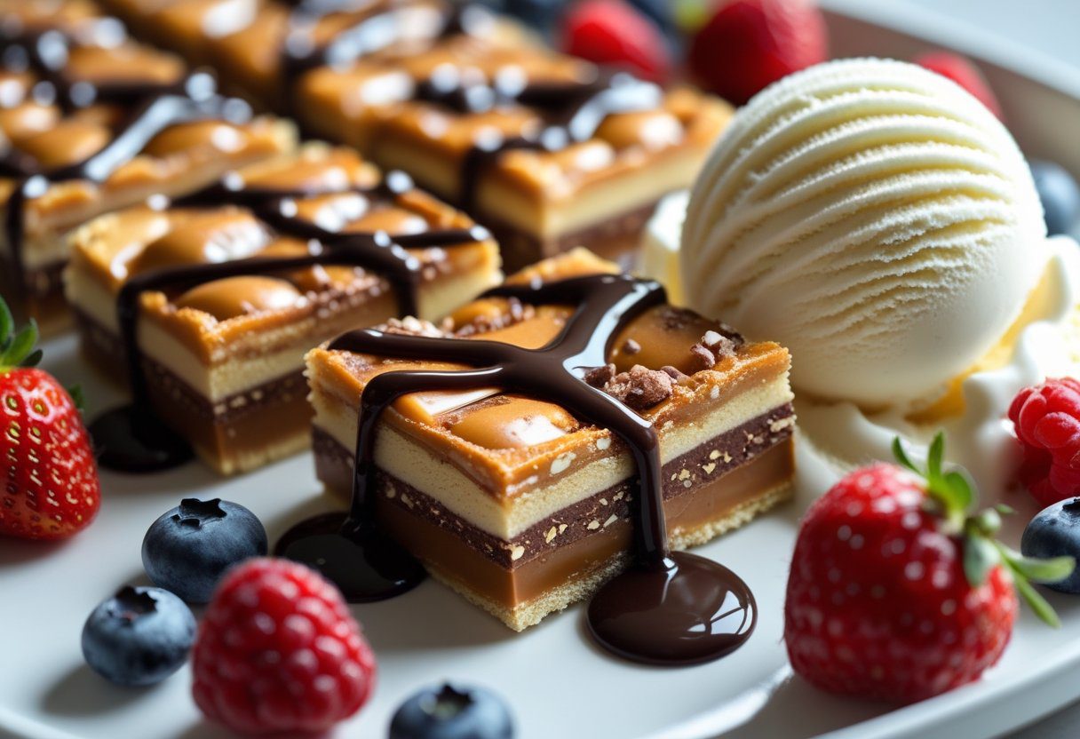Mars Bar Tray Bake squares served with vanilla ice cream and fresh berries for an indulgent dessert presentation