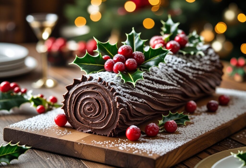 Mary Berry Chocolate Yule Log easy festive recipe, rolled chocolate sponge cake with creamy chocolate buttercream, decorated with berries and holly, Christmas dessert centerpiece