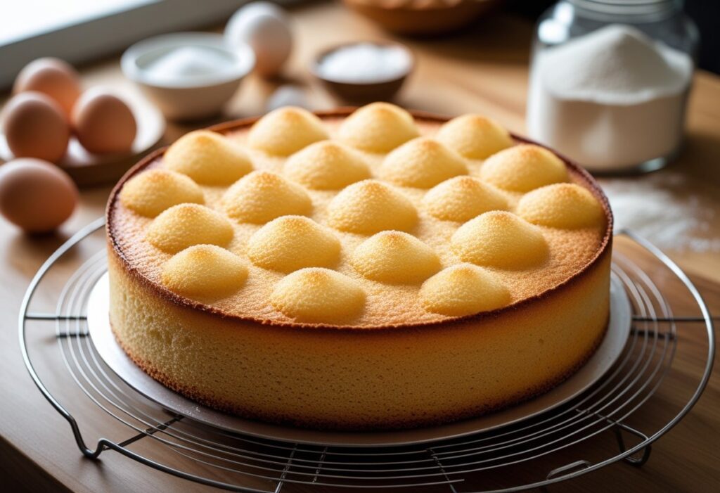 Mary Berry Genoise Sponge Easy Recipe cooling on a wire rack, golden and fluffy, with eggs, caster sugar, and plain flour in the background, ready for layer cakes.