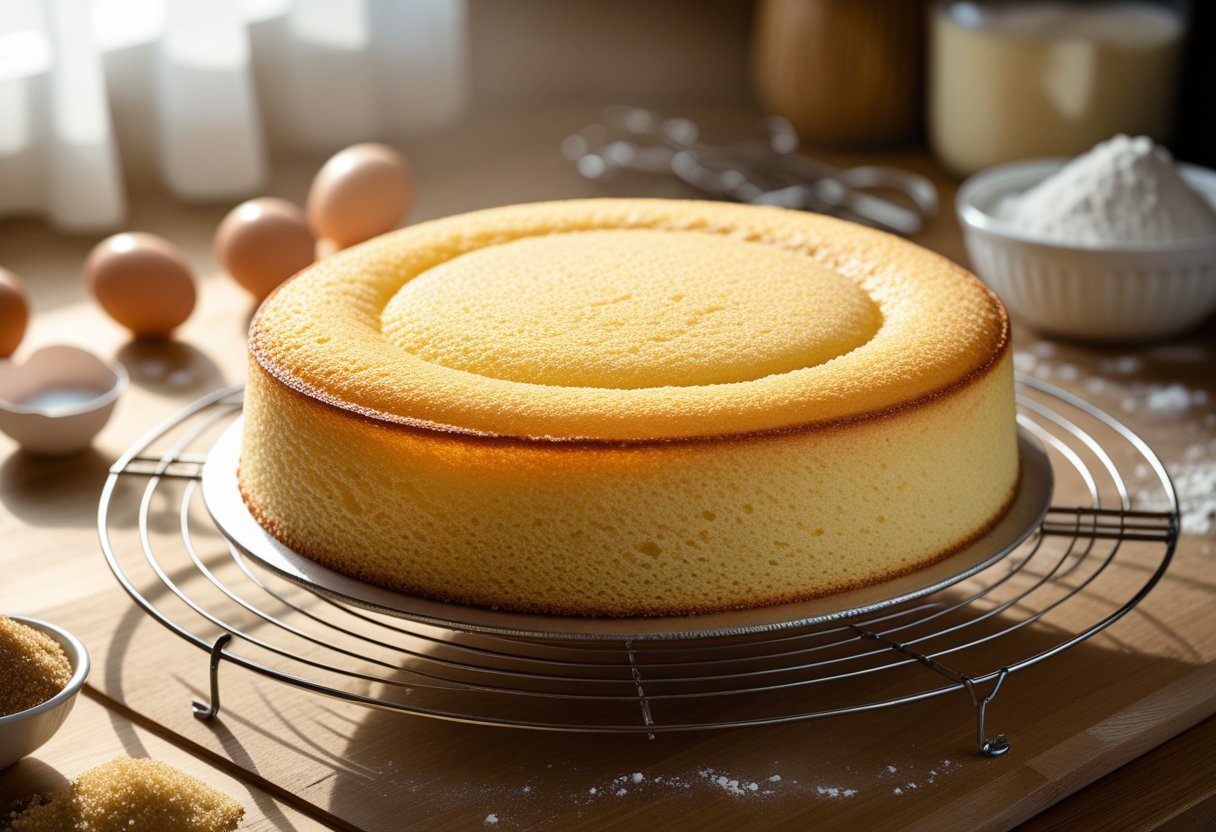 Mary Berry Genoise Sponge Easy Recipe in a round cake tin, golden and fluffy, cooling on a wire rack with eggs, sugar, and flour in the background, ready for layering or decorating.