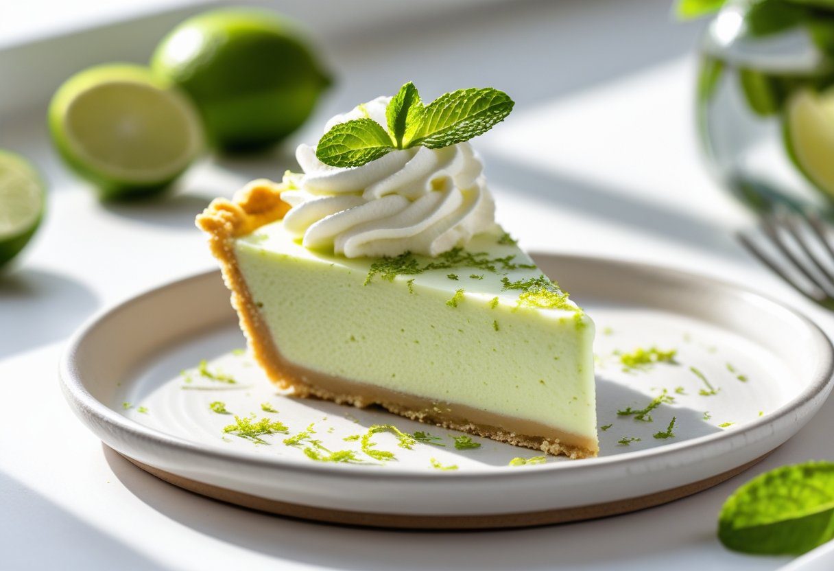Mary Berry Key Lime Pie with creamy lime filling, buttery biscuit crust, whipped cream topping, lime zest garnish, and mint leaves on a white plate, fresh summer dessert